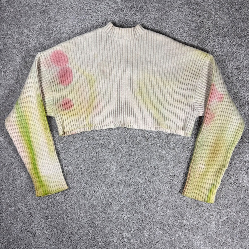 ZARA Ribbed Cropped Mock Neck Sweater Pink Green Tie Dye Long‎ Sleeve Size S